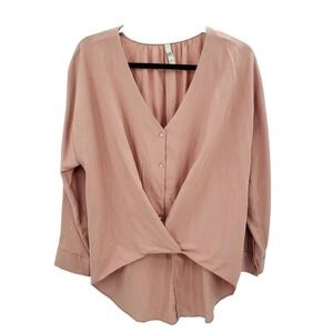 Zara Faux Wrap Blouse Womens Small Pink Rose V Neck High Low Flare Sleeve Top